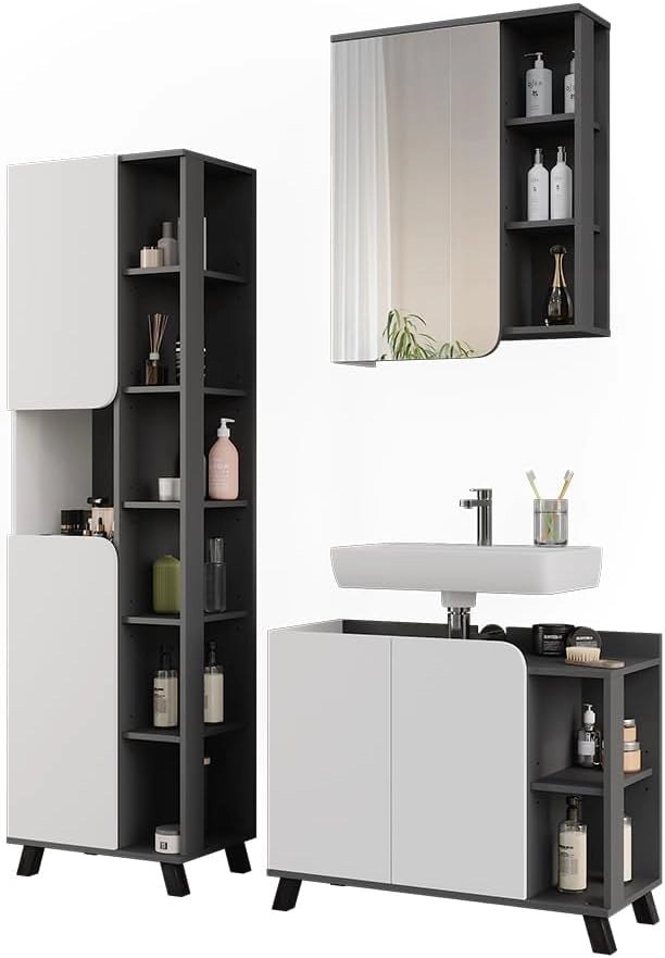 Set di mobili da bagno Karen, Antracite/bianco, 80 cm, composto da mobile sottolavabo, specchiera e colonna alta