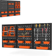 Pannello Porta Attrezzi da Parete 120 X 60 CM, 3 Pannelli Perforati in Metallo con kit di 29 Ganci, Stabile e Resistente, per Garage, Officina (Nero+Arancio, 120 X 60 X 2 CM)