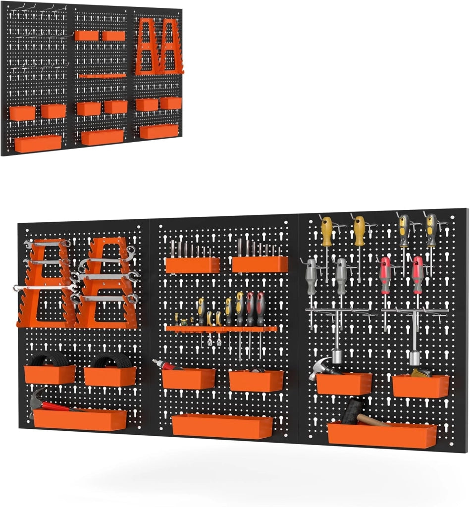Pannello Porta Attrezzi da Parete 120 X 60 CM, 3 Pannelli Perforati in Metallo con kit di 29 Ganci, Stabile e Resistente, per Garage, Officina (Nero+Arancio, 120 X 60 X 2 CM)