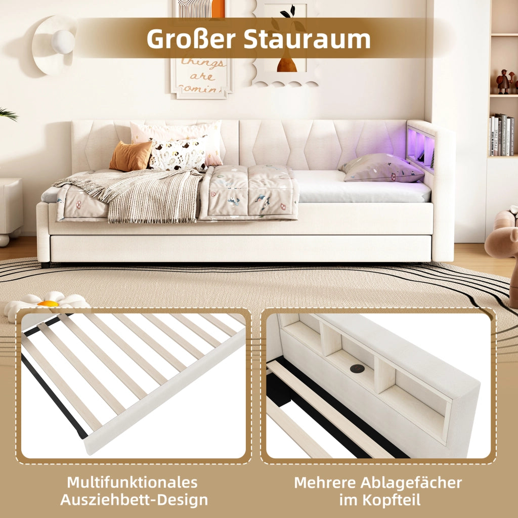 LETTO estraibile 90x200 cm in lino beige con USB, LED e vani testiera
