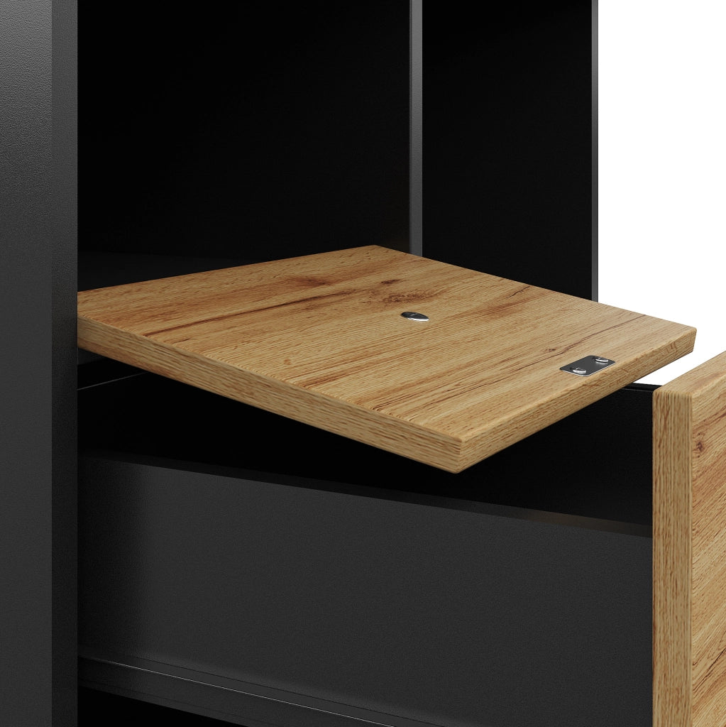 Tavolo allungabile 110-140x80x75 cm con LED e USB; 2 cassetti; MDF nero e naturale