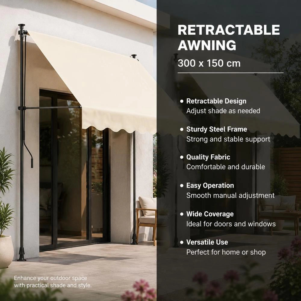 Retractable Awning, Cream, 300x150 Cm, Fabric And Steel
