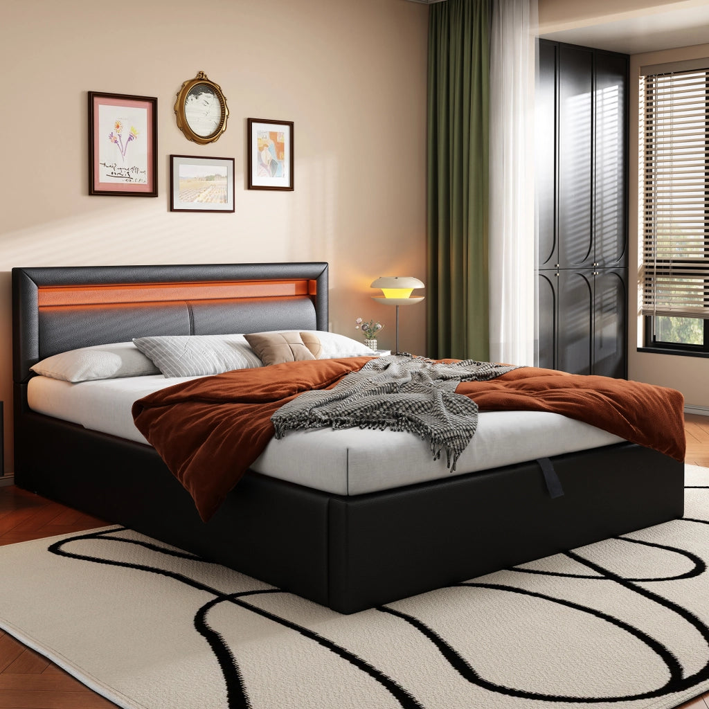 OKWISH Letto Contenitore 140×190 cm, Letto Matrimoniale con Contenitore, LED e Testiera, senza Materasso, in PU, Nero