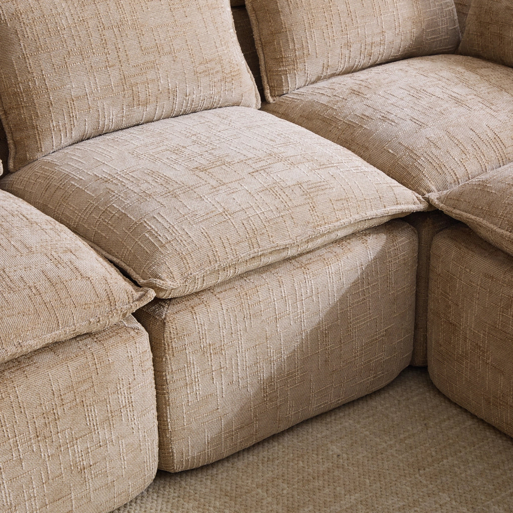 Divano modulare 256x161x75 cm con pouf; cuscini e tasche laterali in chenille kaki