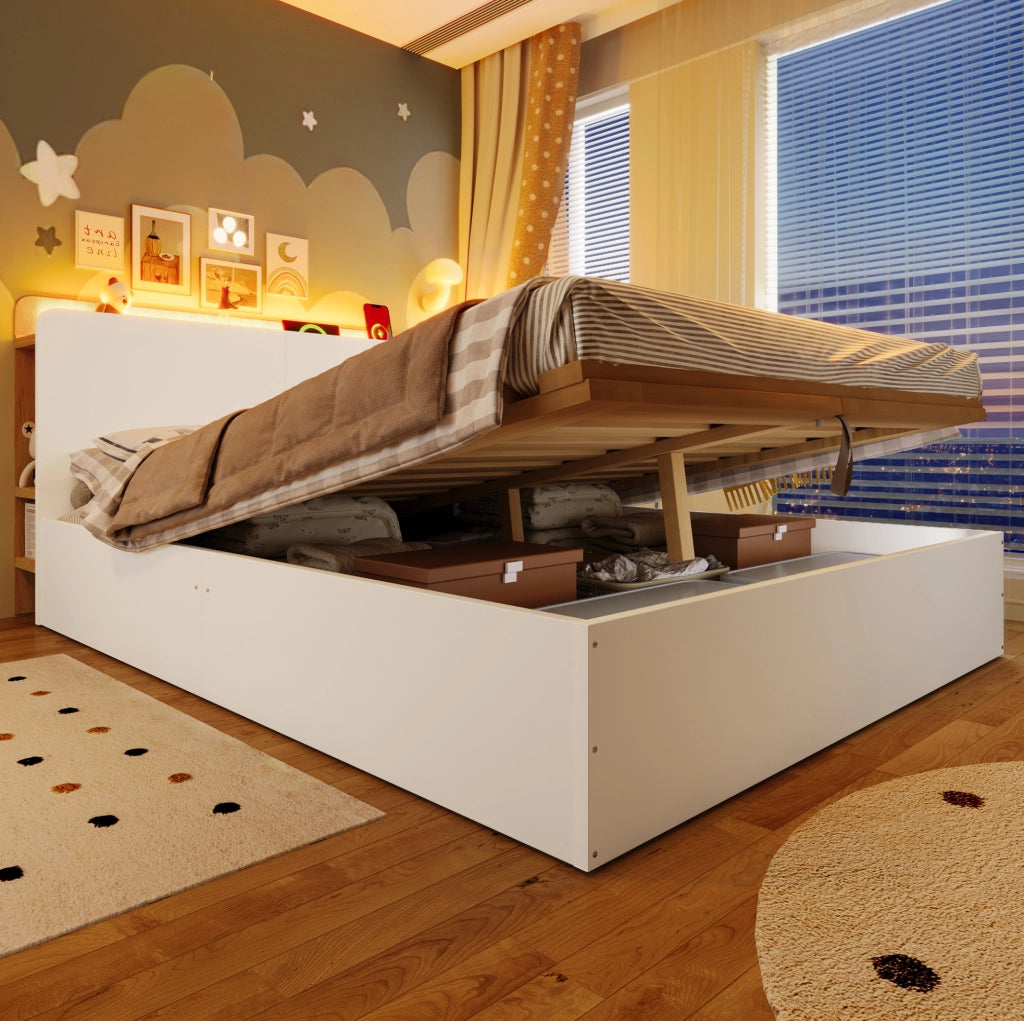 Letto contenitore ULEVR 140x200 cm con sollevamento idraulico, LED, USB e Type-C, bianco e naturale