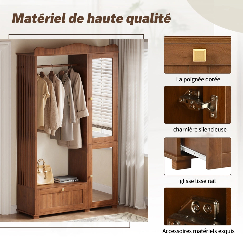 Armadio aperto con specchio integrato a figura intera, 2 ante e cassetti, per camera da letto e ingresso, in MDF noce