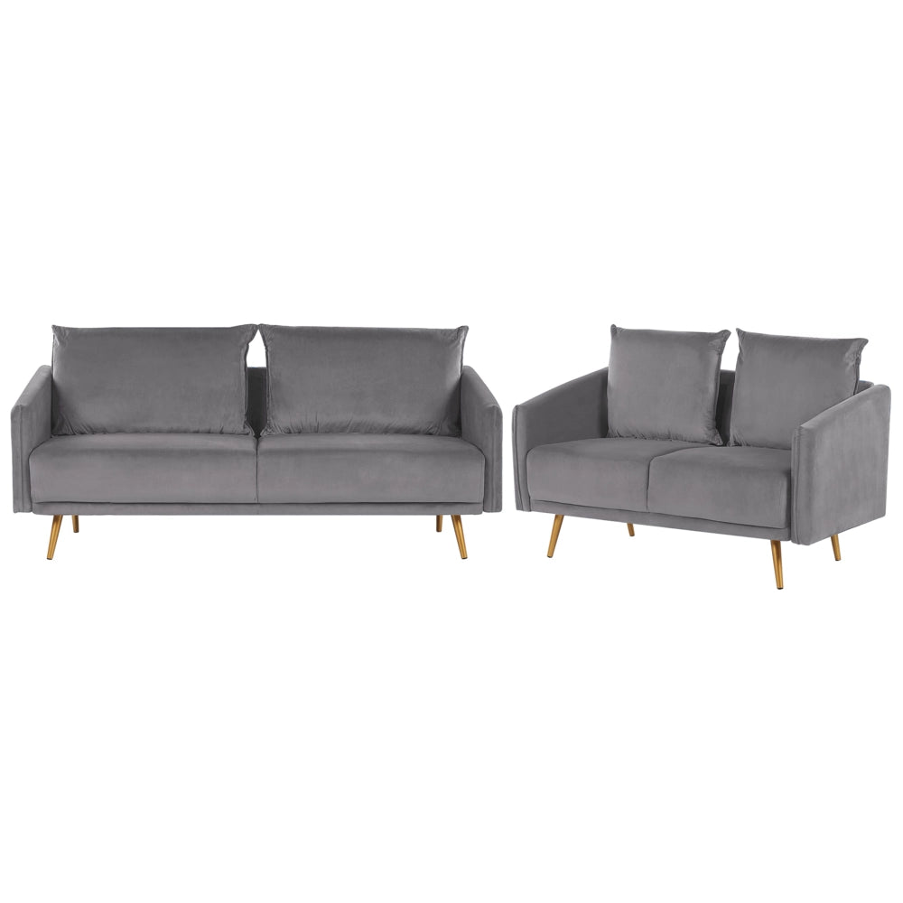 Set Soggiorno Cuscini Schienale Velluto Grigio Gambe In Metallo Dorato Retrò Glam
