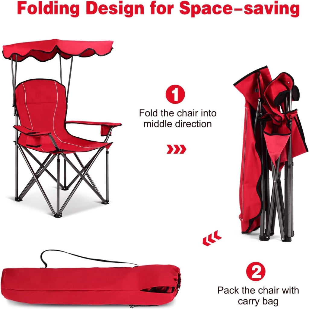 Sedia da campeggio con baldacchino, ombra, sedia da spiaggia e beach chair, pieghevole, con portabevande e borsa, per esterni, fino a 130 kg (rosso)