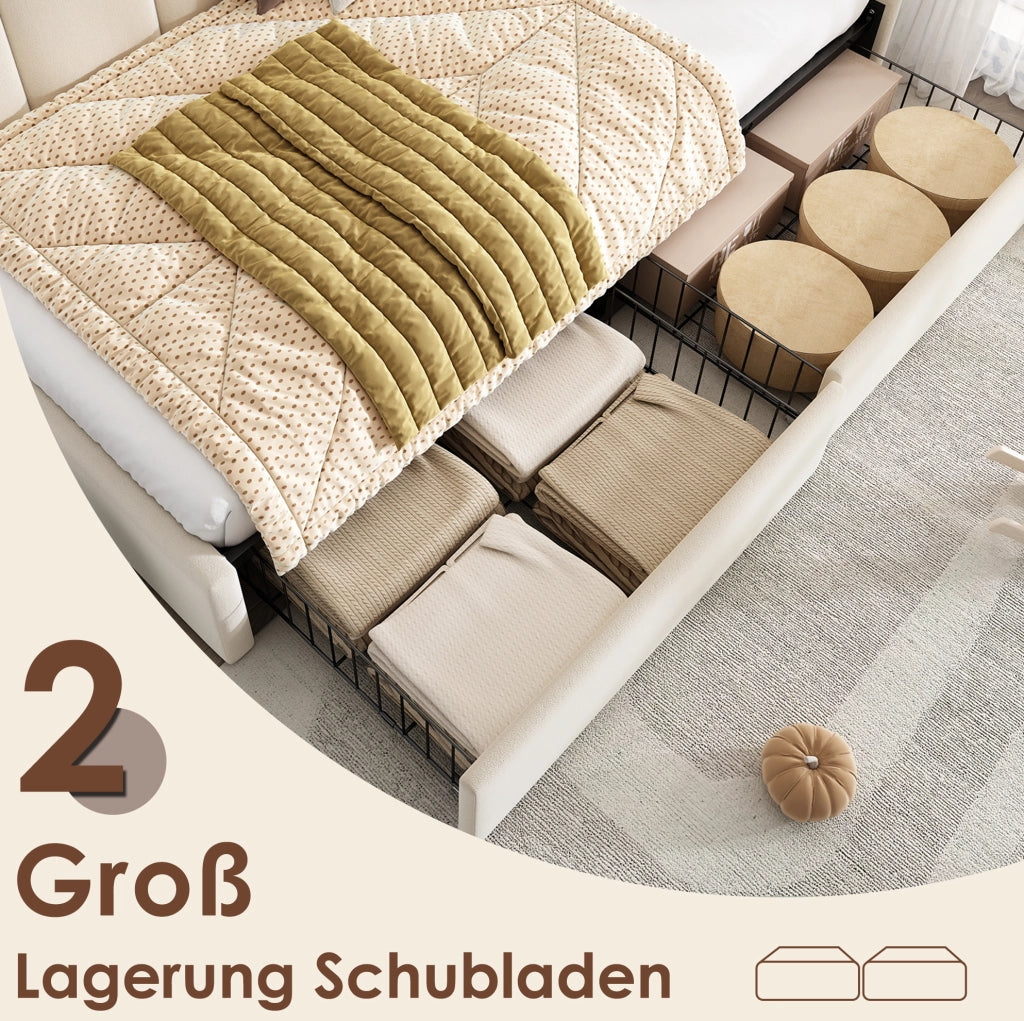 Letto imbottito beige in velluto con 2 cassetti e spazio contenitore 90x190 cm