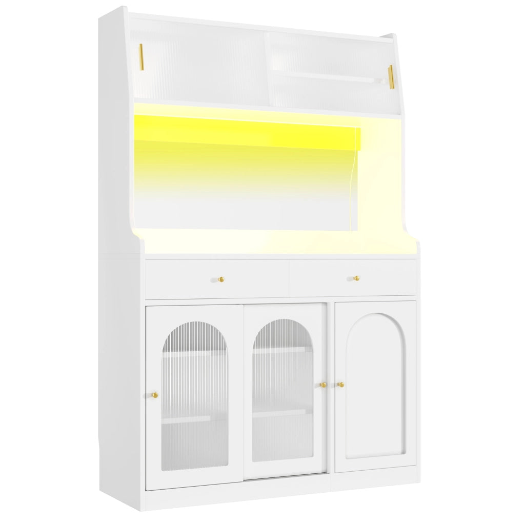 Credenza alta 120x40x180 cm con LED da app; ripiani regolabili e cassetti in MDF e PB bianco