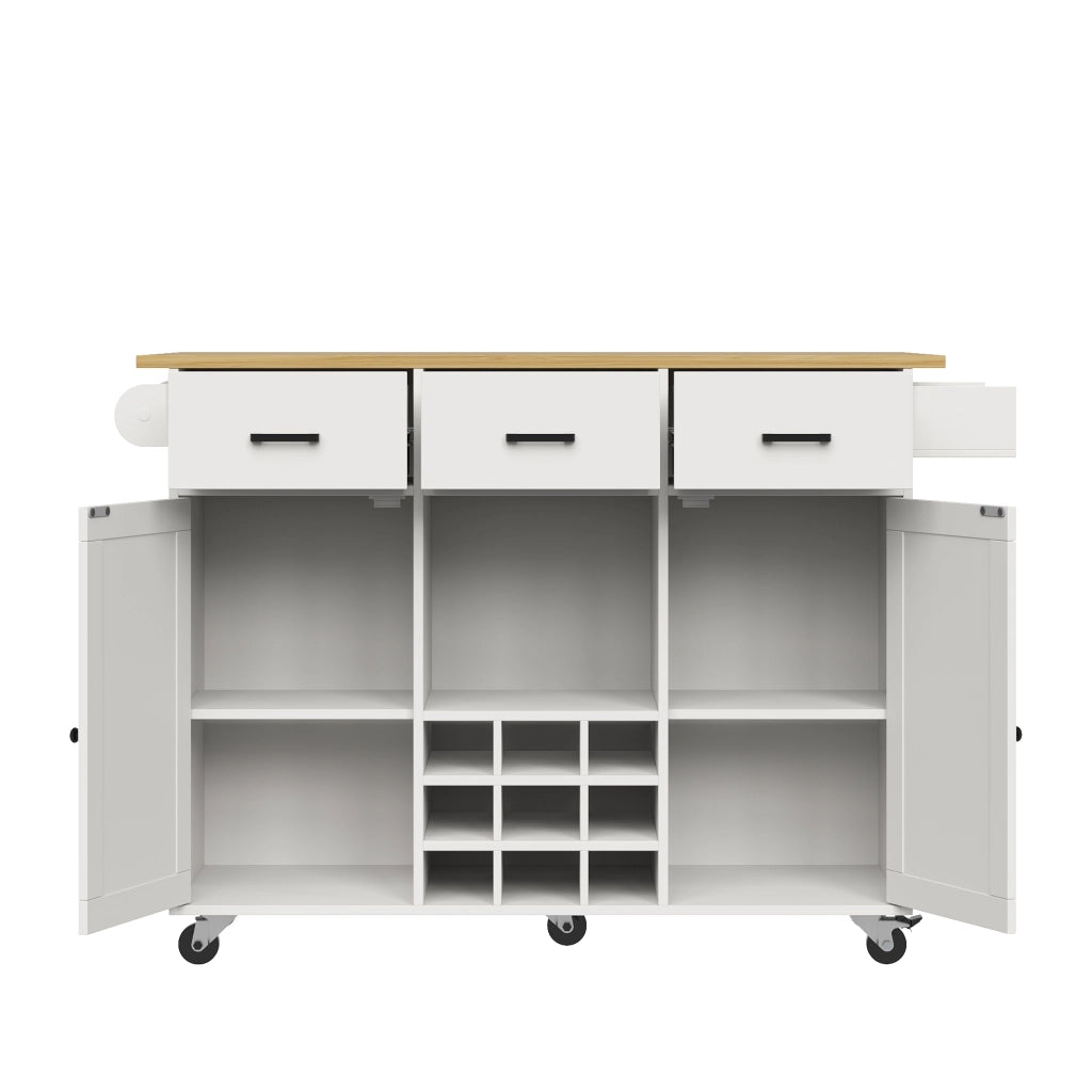 Carrello da Cucina con 3 Cassetti; 2 Ante; Piano Pieghevole; Portasciugamani e Portaspezie; Bianco