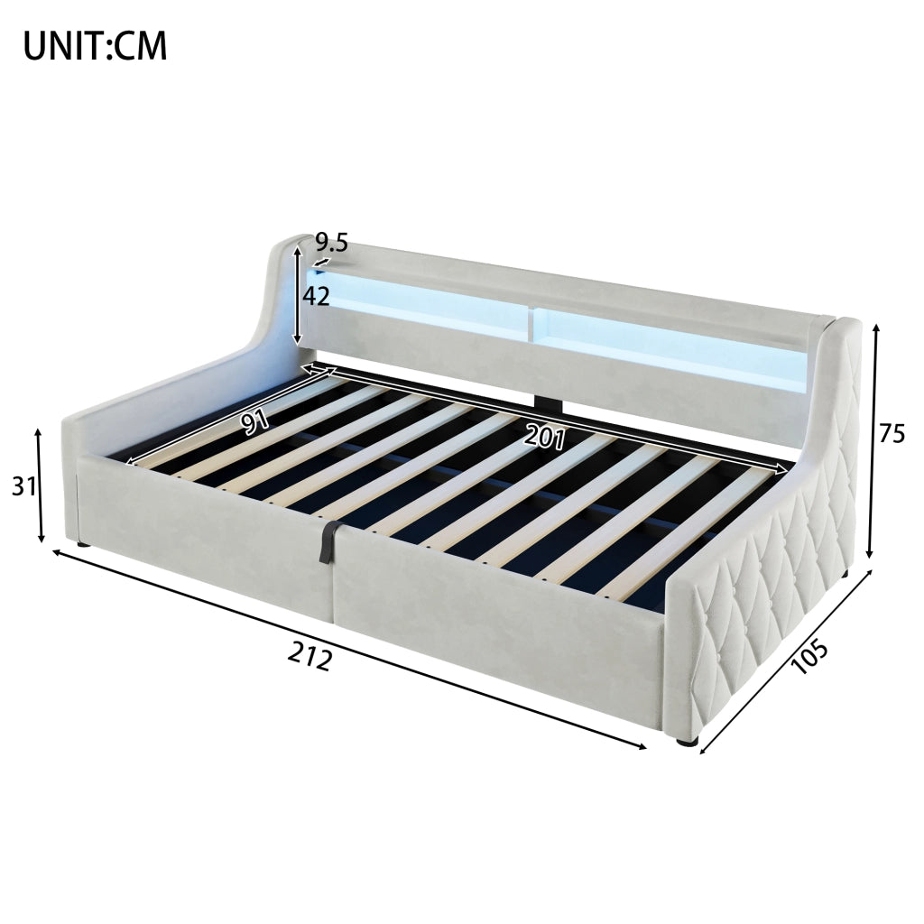 Letto Contenitore Singolo 90x200 cm; LED e Contenitore - in Flanella - Off White