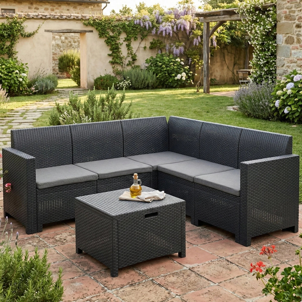 Salottino da esterno Somnus, Set da giardino con cuscini, Salottino  effetto rattan, 100% Made in Italy, Antracite