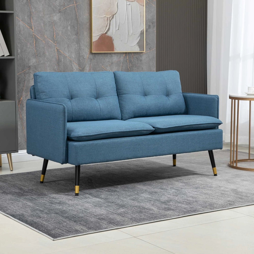 Divano 2 Posti in Tessuto con Cuscini Imbottiti e Gambe in Acciaio 139x68x80cm, Blu Scuro