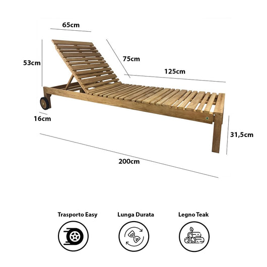 Lettino Prendisole Reclinabile Elafonisi 200x65x31,5 cm a Doghe in Legno Teak
