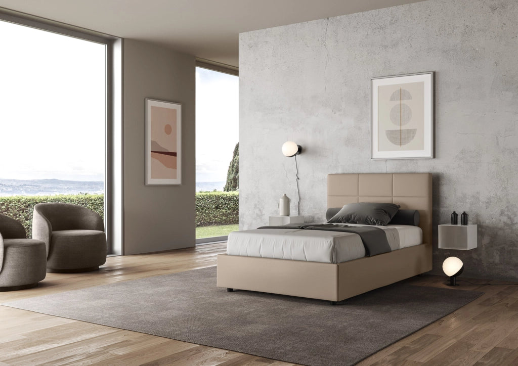 BS COM Letto una piazza e mezza con rete imbottito 130x200 similpelle tortora