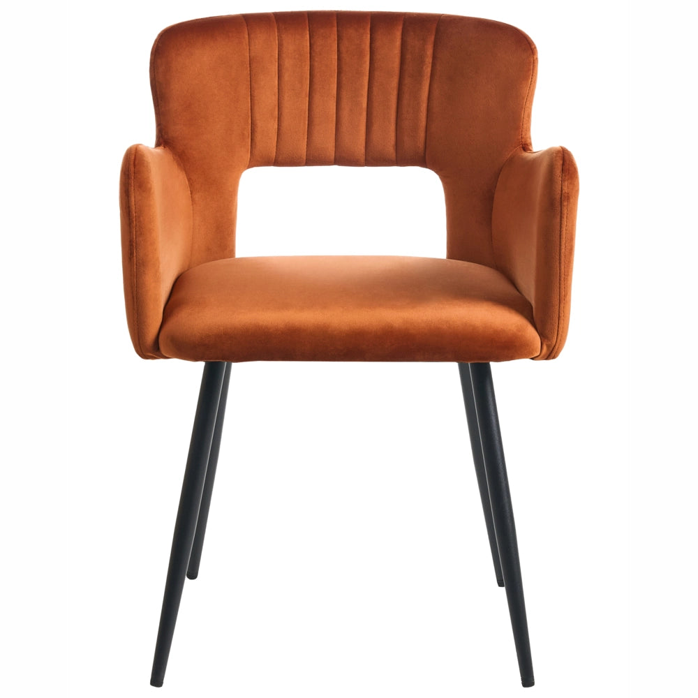 Set di 2 sedie da pranzo velluto arancione braccioli schienale intagliato gambe in metallo moderna industriale