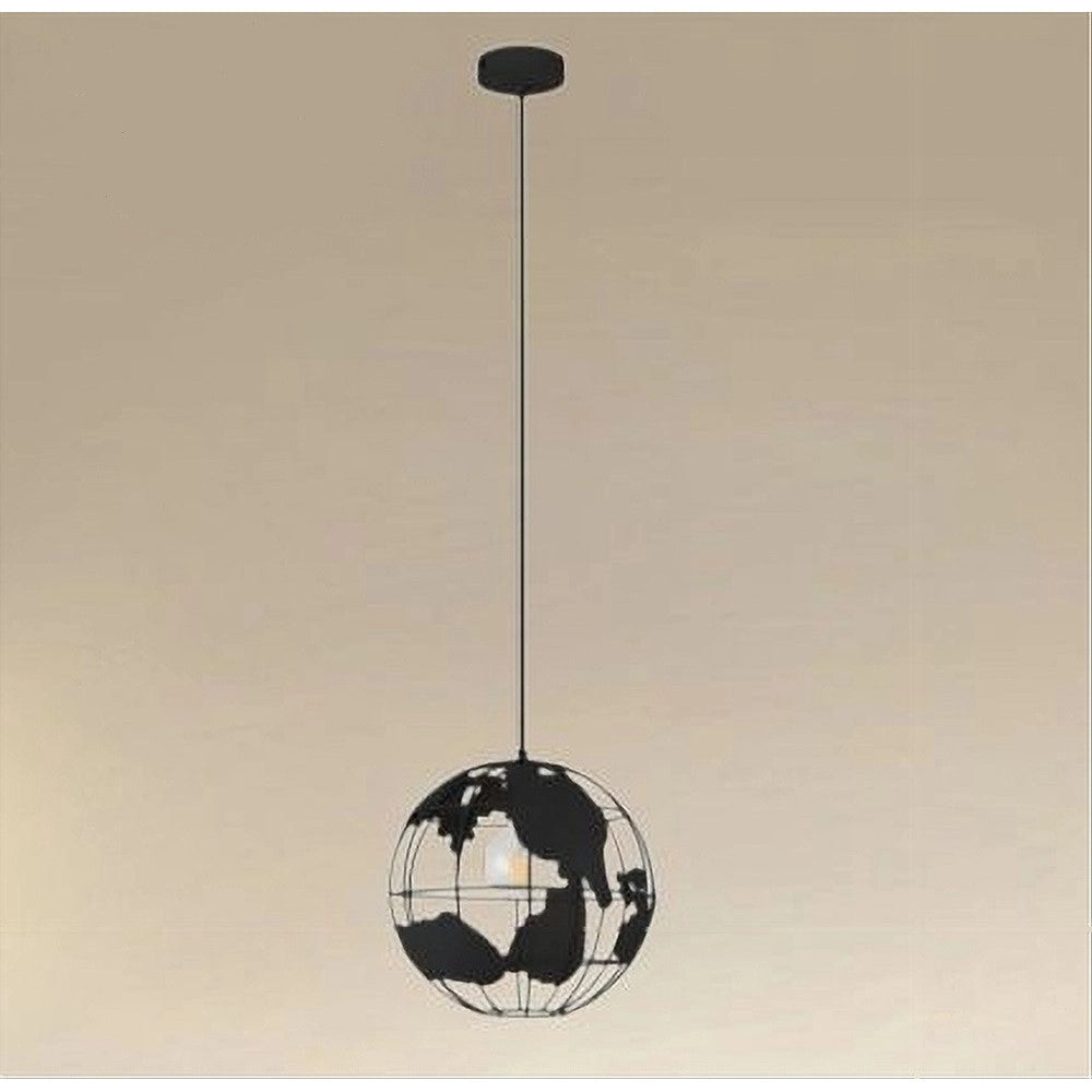 Trade Shop - Lampadario A Sospensione Mappamondo E27 In Metallo Nero Sfera Globo Sospeso 33948 -
