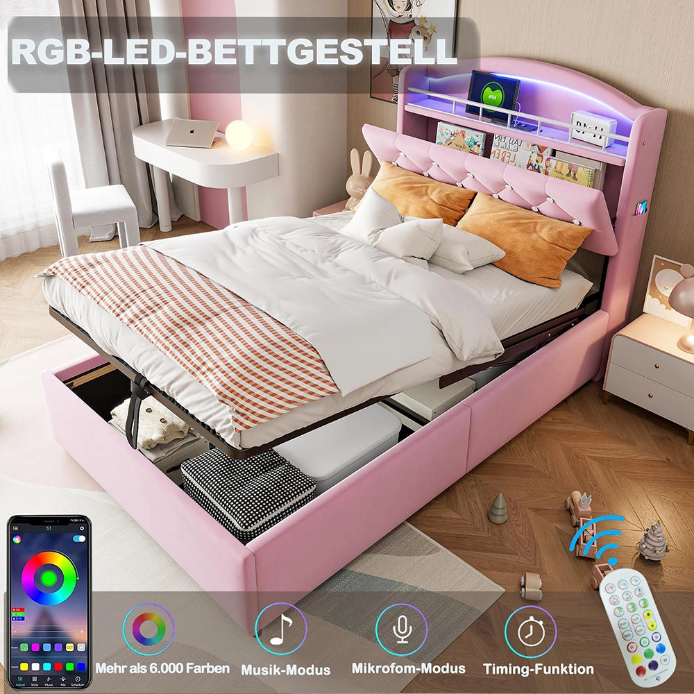 Letto bambino-Xylo-90x200 cm-LED, USB, spazio idraulico, velluto rosa