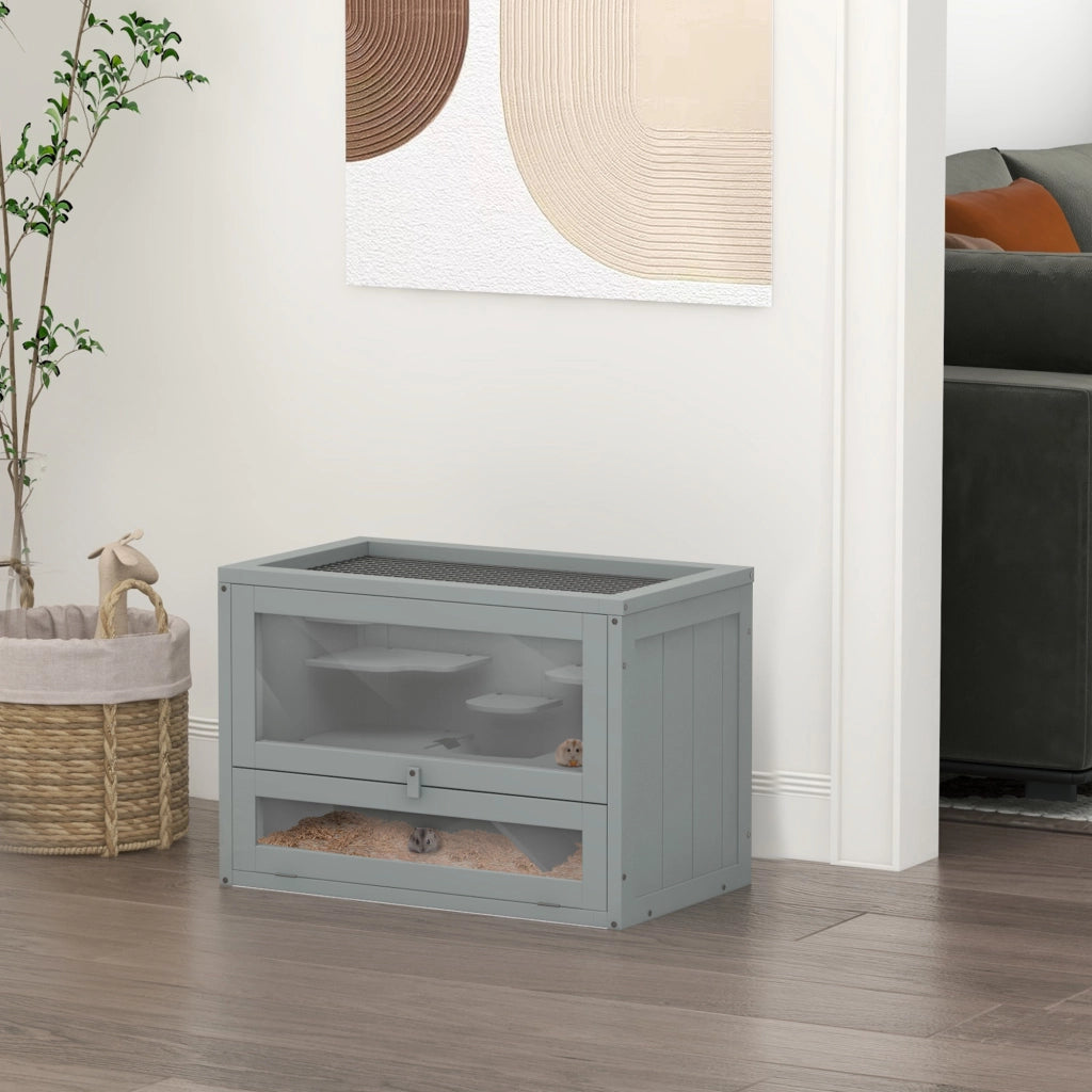 Gabbia per Criceti in Legno a 2 Livelli con Scale e Piattaforme 60x35x42 cm Grigio ¨C zephmum