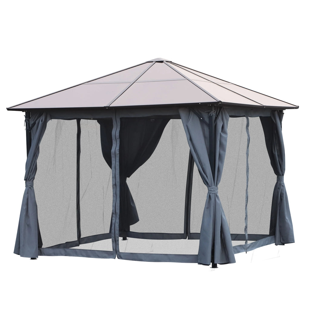 Gazebo da Giardino 3x3m ¨C Xylo ¨C Tetto Policarbonato, Tende Zanzariera, Alluminio Grigio Scuro
