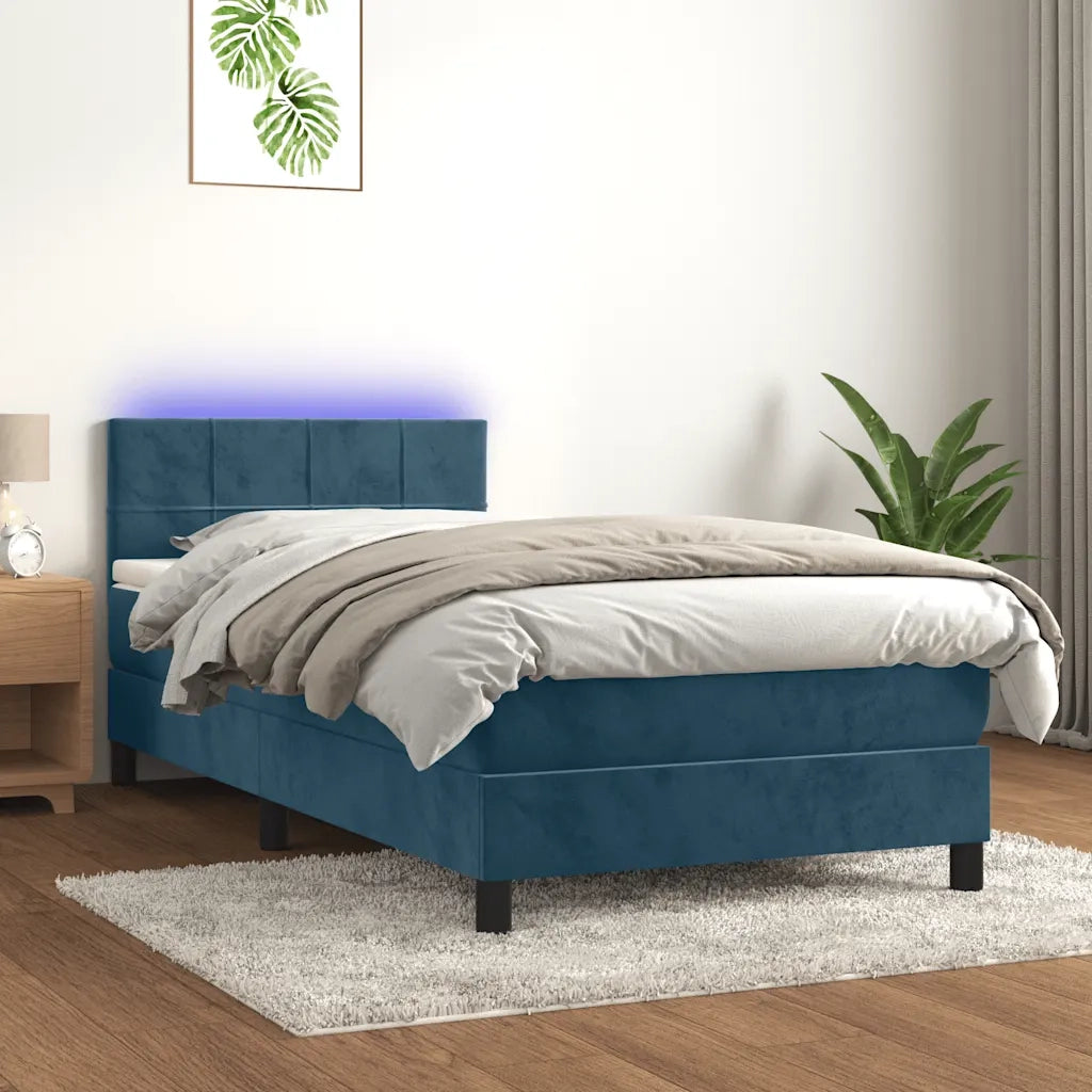 Letto singolo | Letto per adulti | Letto a Molle con Materasso e LED Blu Scuro 100x200 cm