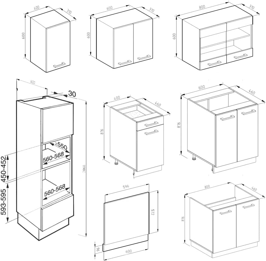 Cucina componibile R-Line, Bianco casa di campagna, 300 cm con armadio alto, PL Marmo, con moduli disposti in modo variabile e piedini regolabili in altezza