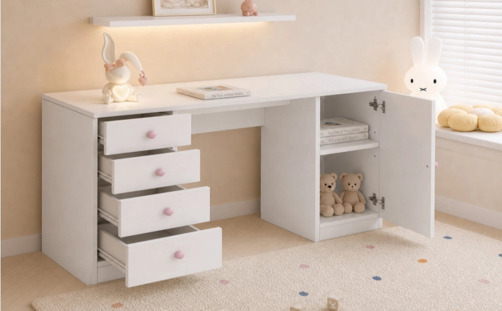 Scrivania per bambini con 4 cassetti e vano laterale in MDF bianca per studio 155 × 45 × 74 cm