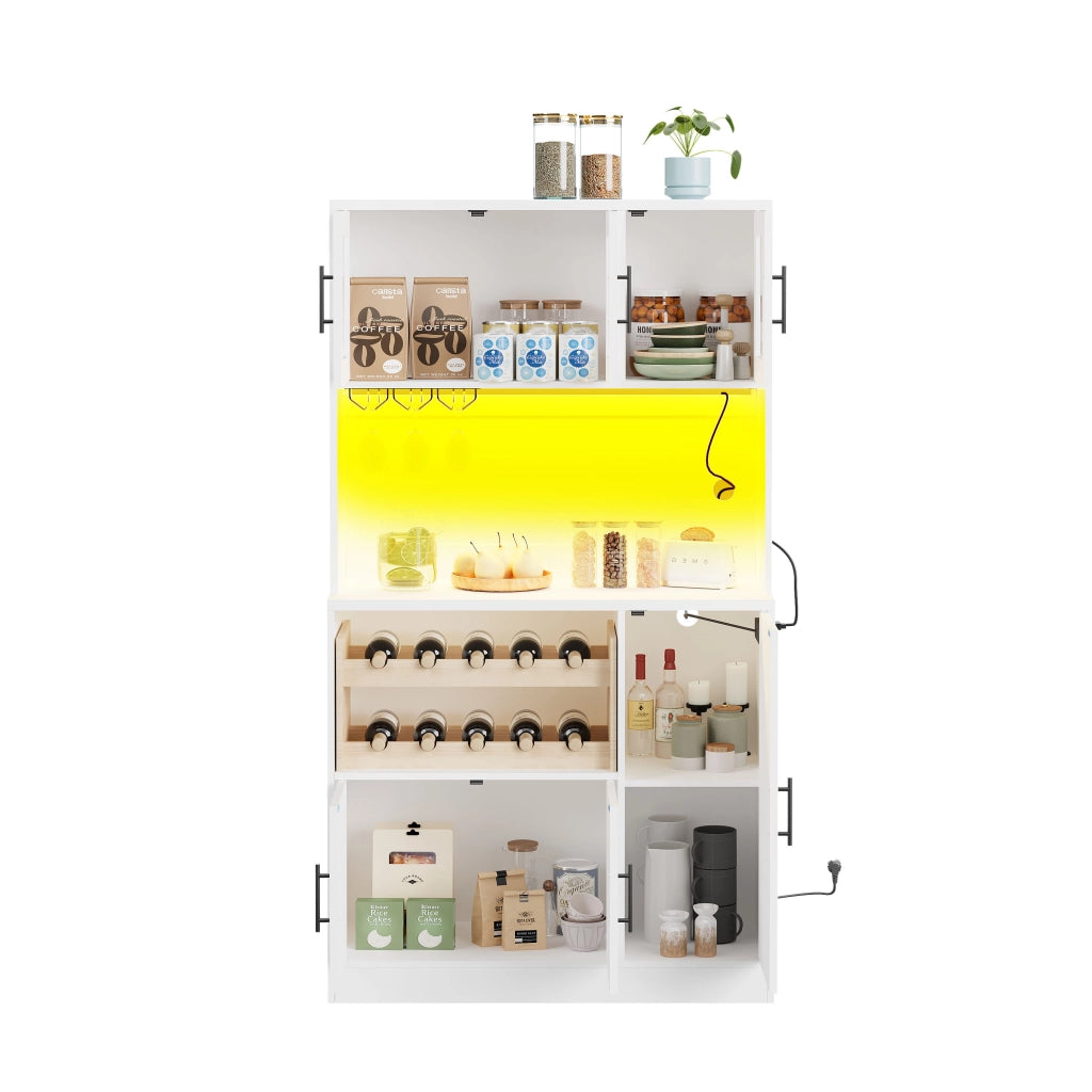 Dispensa alta con ripiani LED RGB e prese, in MDF bianco con portabicchieri e portabottiglie 100 × 40 × 180 cm