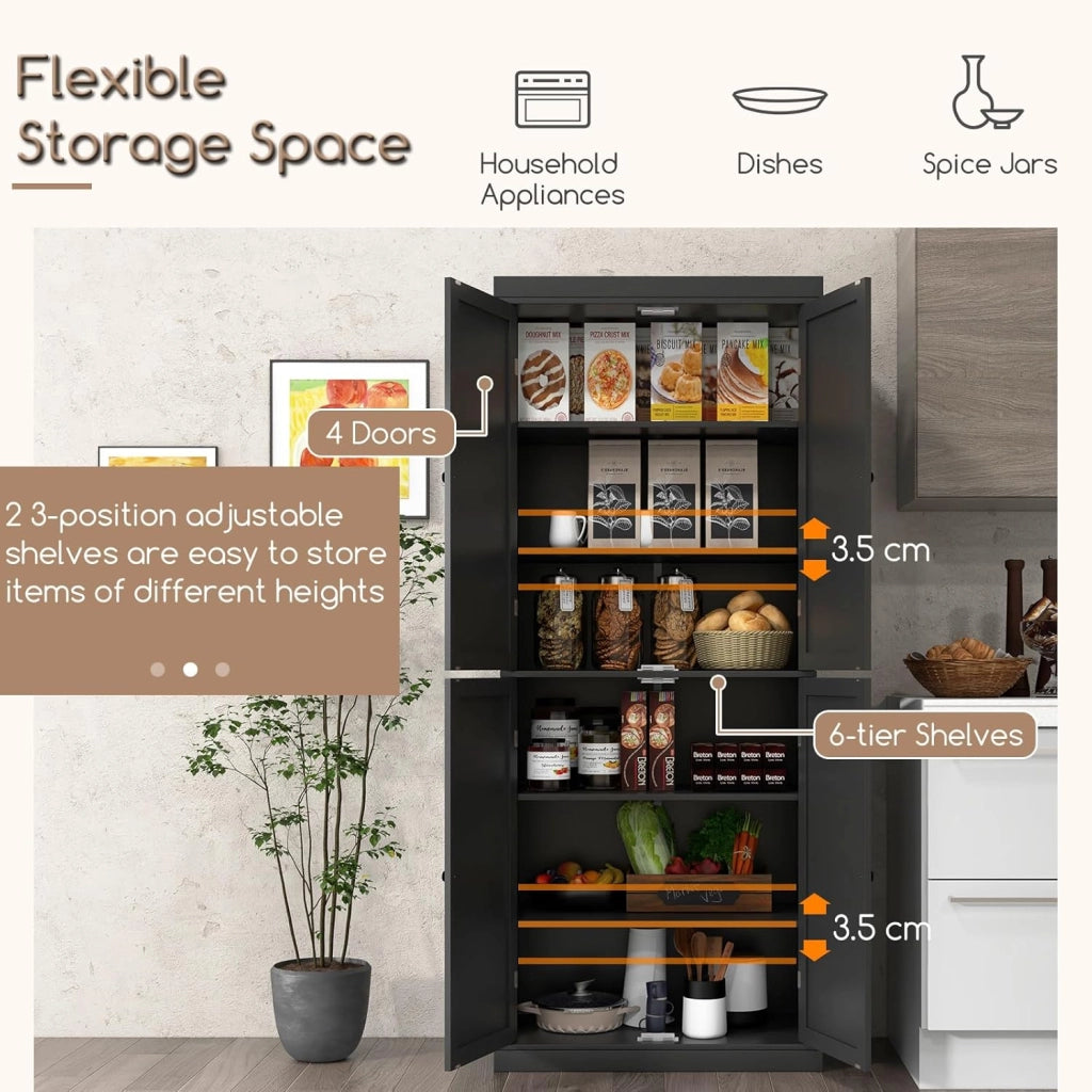 Credenza Alta da Cucina 184.5 cm, Mobile Cucina Dispensa con 2 Ripiani Regolabili, Mobile Buffet con 2 Armadi con Ante, per Soggiorno, Sala da Pranzo, Bagno, 76 x 40 x 184,5 cm (Nero)