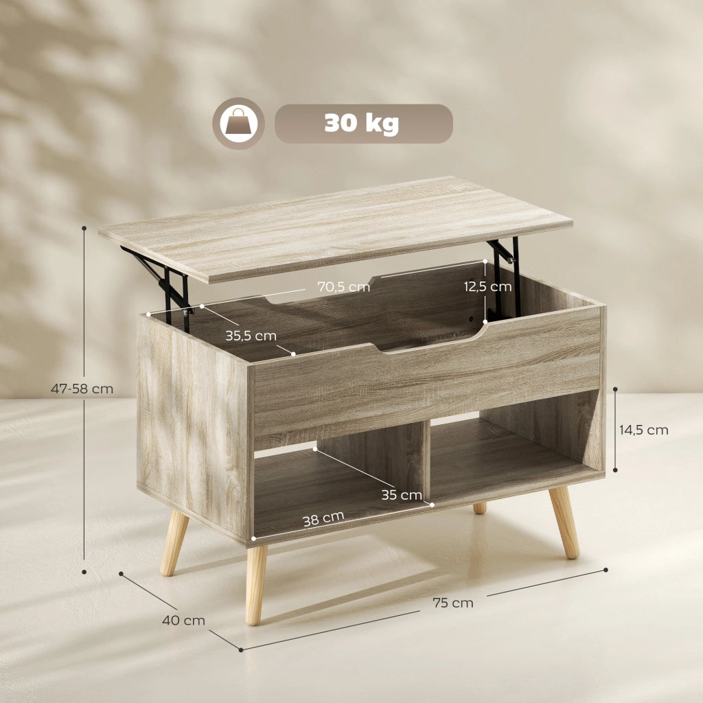 Tavolino da salotto con ripiano sollevabile e scaffali aperti ¨C zephmum ¨C legno naturale 75x40x58 cm