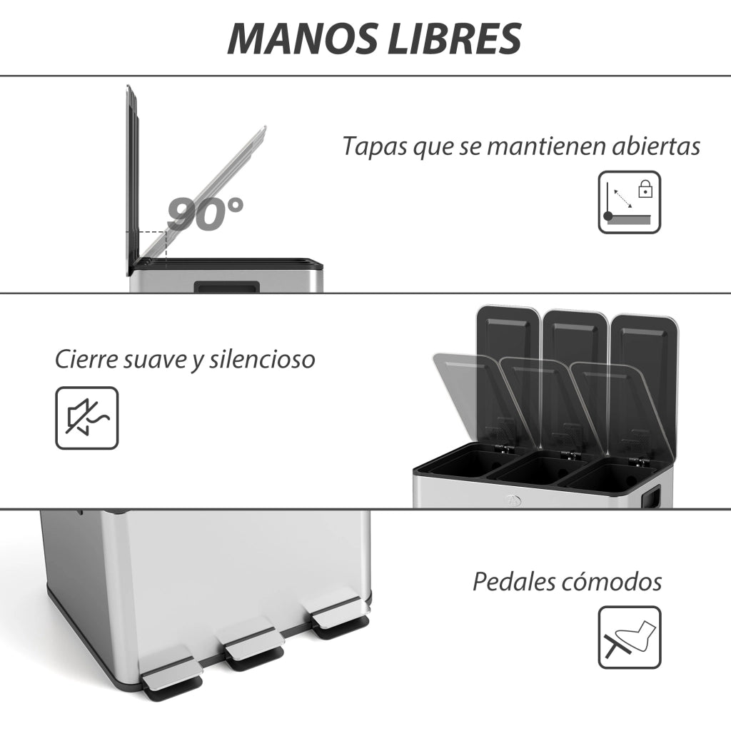 Cestino per Rifiuti da Cucina ¨C zephmum ¨C Acciaio Inox 3x10L con Pedale