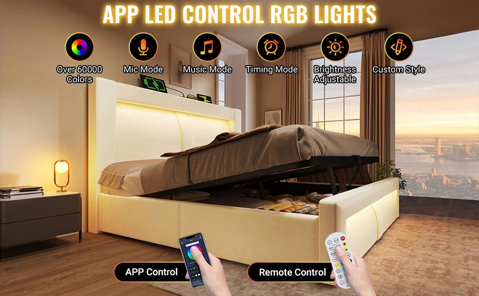 Letto singolo 90x200 cm con contenitore, illuminazione LED con controllo app, porte USB e Type-C, velluto beige, senza materasso