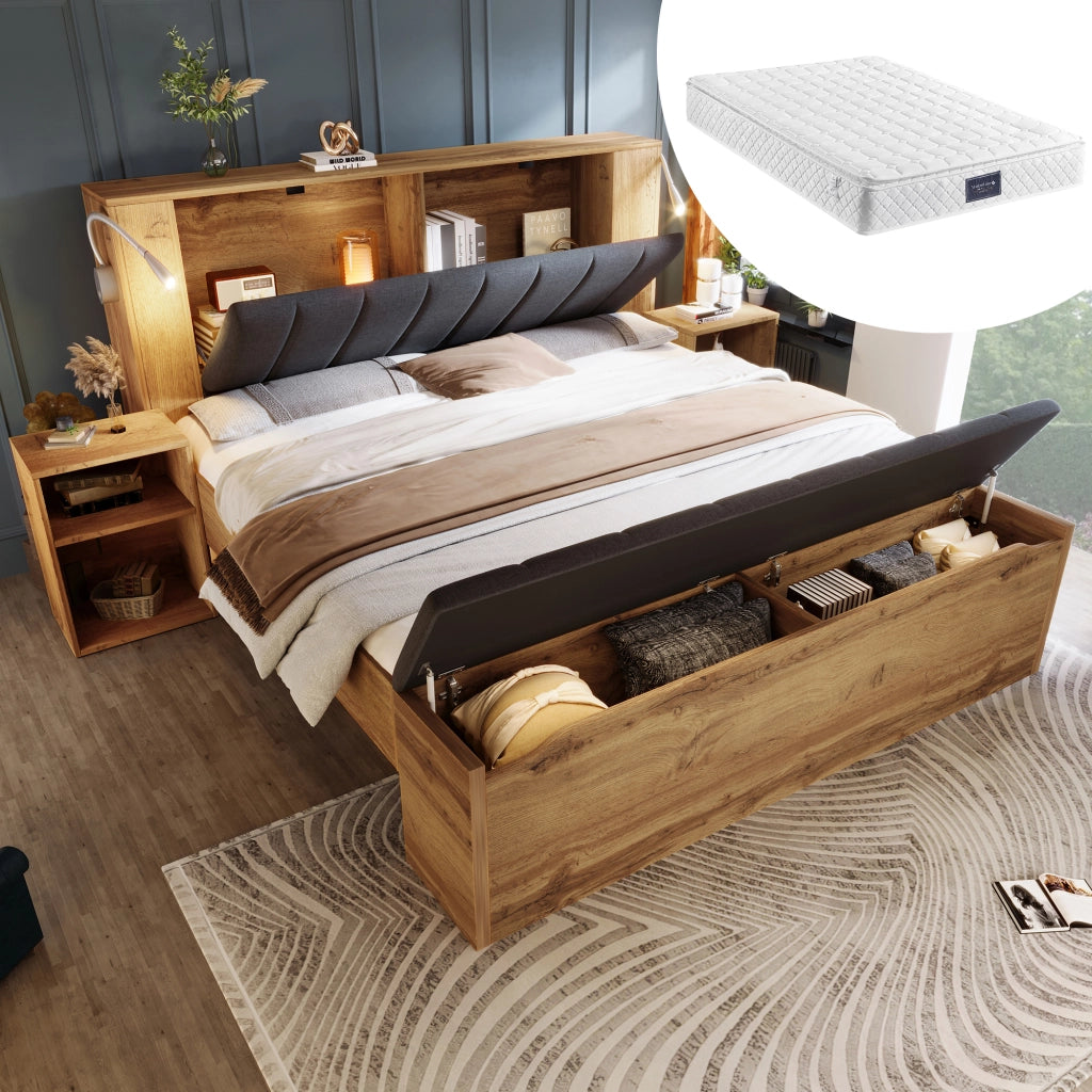 OKWISH Letto Contenitore 160×200 cm, Letto Matrimoniale con USB, Lampade da Lettura e 2 Comodini e Panca Contenitore, con Materasso, Rovere