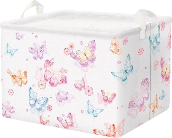 Mega grande cassettiera a forma di farfalla viola con maniglia, con coperchio pieghevole e fiori rosa rettangolari, per giocattoli, abbigliamento, contenitore a forma di cubo per la camera dei bambini e la stanza dei bambini - 36L