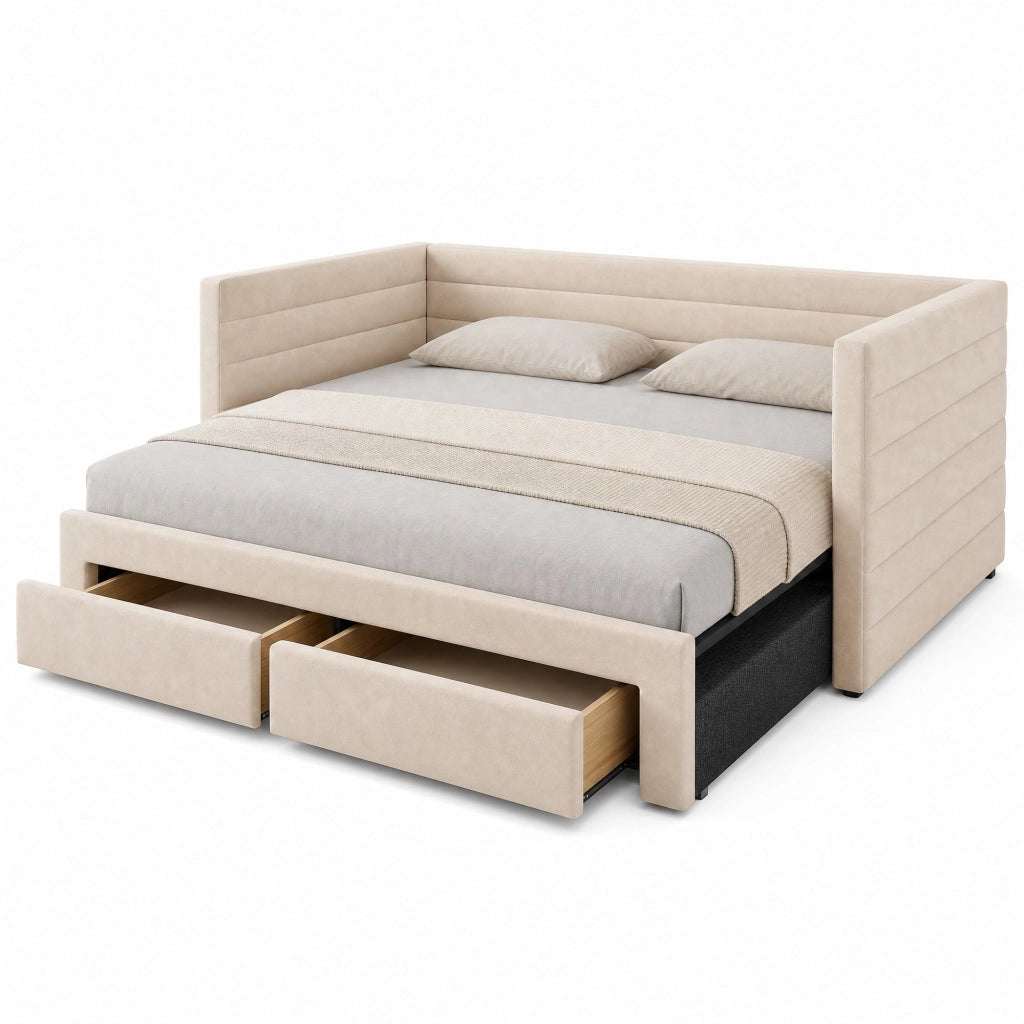 Letto imbottito 3 in 1 estraibile 90x190 cm con 2 cassetti; beige