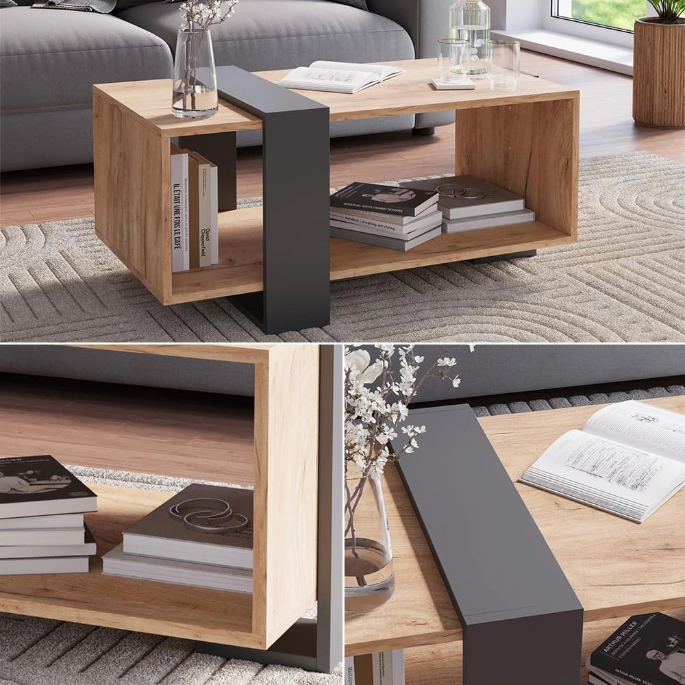 Tavolino Aven, Antracite/quercia dorata, 91.5 x 52 cm, con ripiano aggiuntivo per libri e riviste