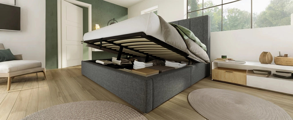 Letto matrimoniale 180x200cm con contenitore, porta bicchieri nascosto e USB/Type-C