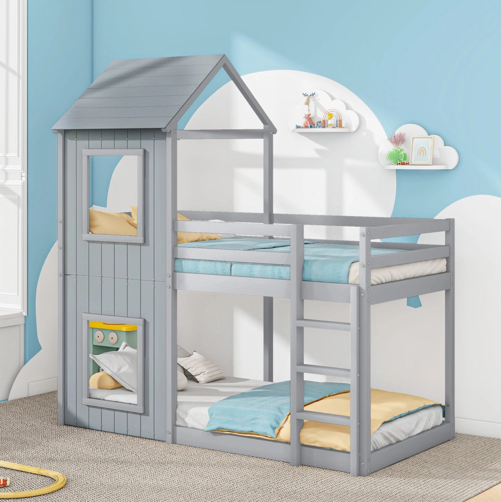Letto a castello per bambini 90x200 cm in pino e MDF; grigio