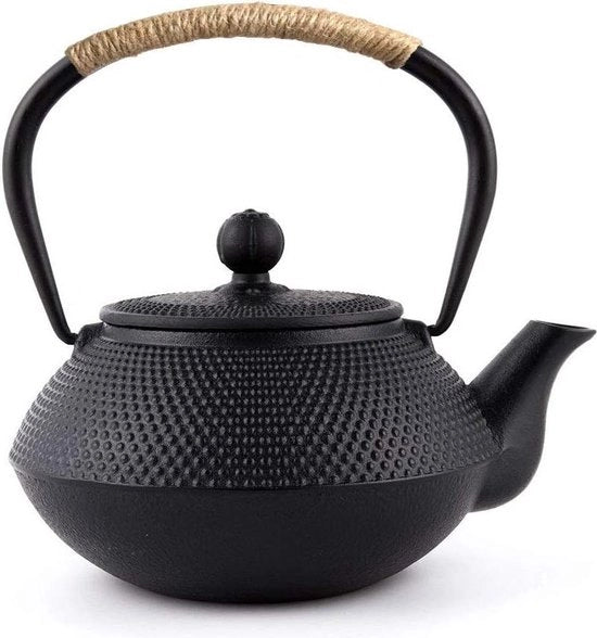 Pentola Giapponese Tetsubin - Fonderia di Acciaio - Infusore in Acciaio Inox - Bollitore - Coperchio con Fiamma - Nero - 800ml
