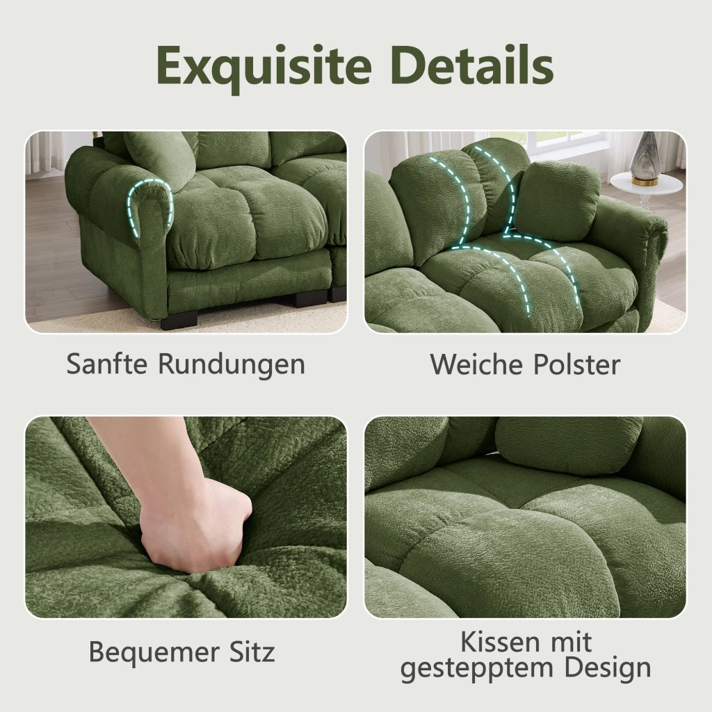 Divano modulare a 2 posti in ciniglia con cuscini spessi schienale ergonomico e cuscino lombare per soggiorno verde