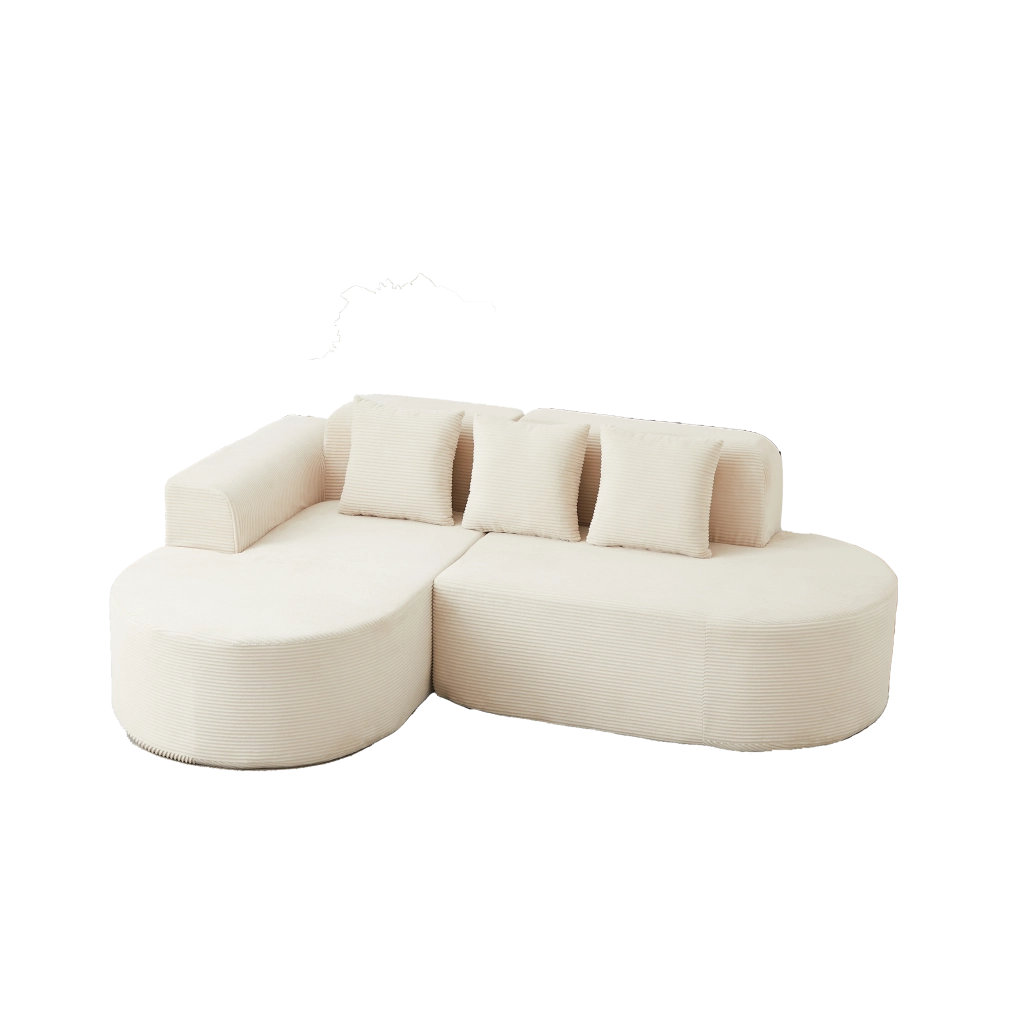 Divano angolare a L con chaise longue; braccioli curvi e cuscini in velluto a coste beige