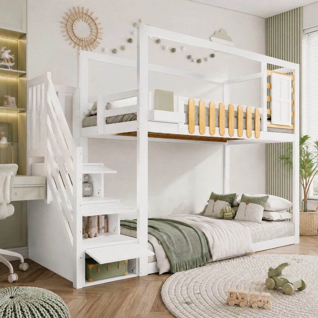 Letto a castello con scala, finestra e vani contenitore, 90x200 cm, bianco e naturale