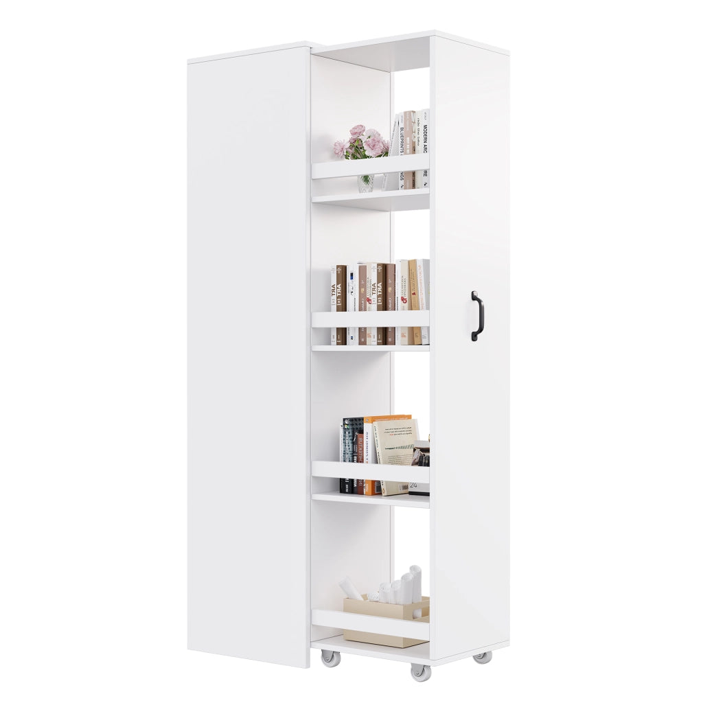 Libreria stretta con ruote e box protettivi; sponde di sicurezza in MDF bianca per libri A4 40 × 30 × 160.5 cm