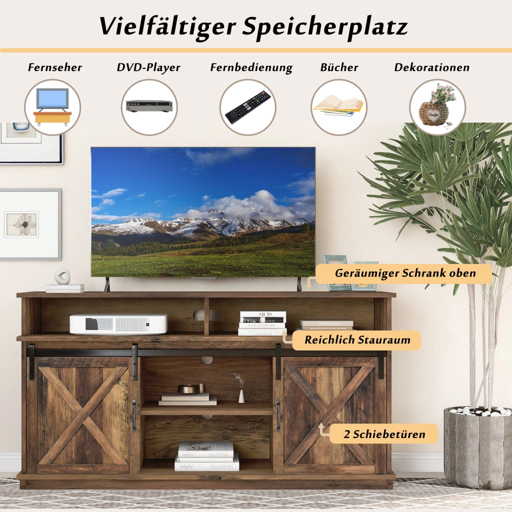 Mobile TV con 2 ante scorrevoli, 4 vani e ripiani regolabili, per soggiorno, marrone, 148 × 40 × 78 cm