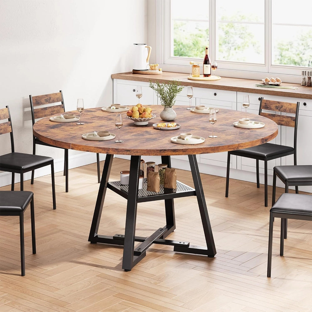 Tavolo per Sala da Pranzo Tondo Ø120 cm Stile Industrial con Ripiano Effetto Legno
