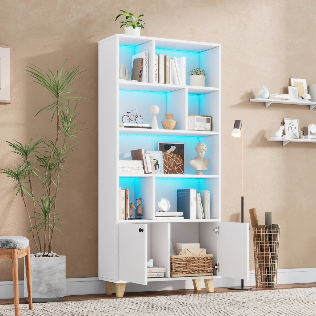 Libreria con 2 Ante e 7 Vani; LED Multicolore; Piedini in Legno Massello; in MDF; 80×30×173 cm; Bianco