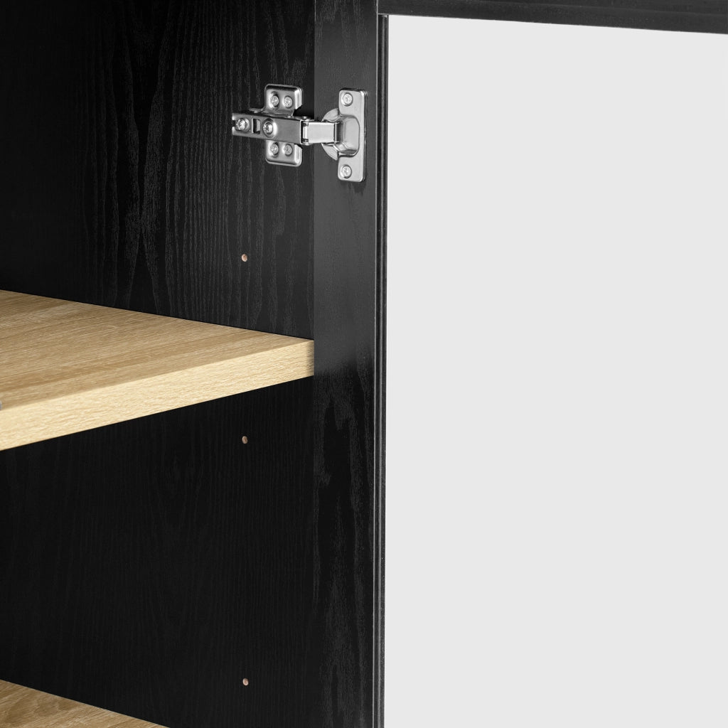 Credenza Alta Nera 180 cm con Ante in Vetro Trasparente; Cassetti e Ripiani Regolabili per Cucina; Soggiorno e Sala da Pranzo