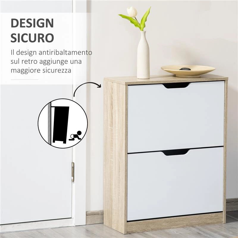 SCARPIERA SALVASPAZIO SLIM A 2 CASSETTI PER 8 PAIA DI SCARPE 62.5X26X81 CM LEGNO E BIANCO