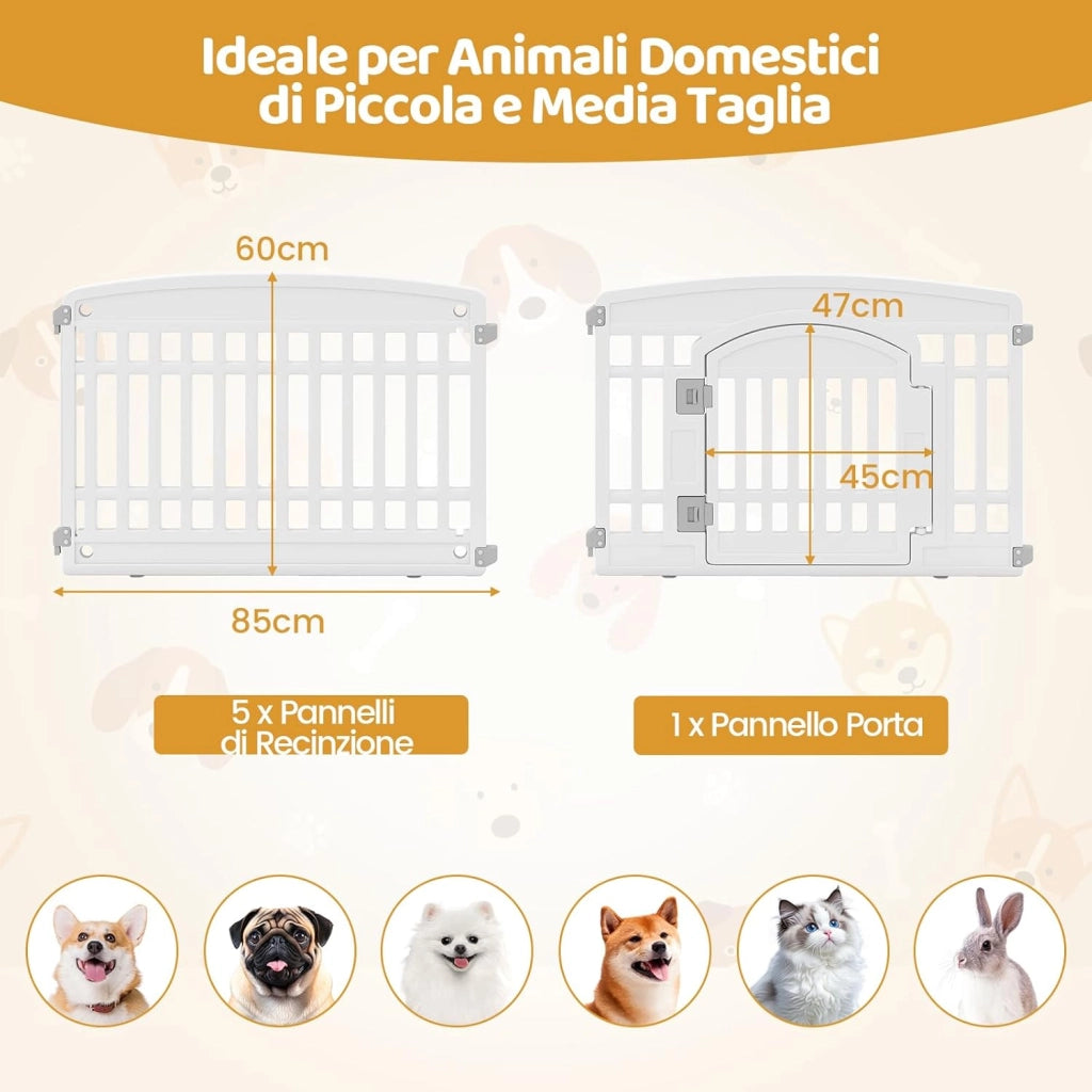 Recinto per Cani da Interno ed Esterno, Recinzione per Animali Domesti Pieghevole a 6 Pannelli 60 cm per Cani Medi e Piccoli con Porta di Bloccaggio Sicura, 172 x 87 x 60 cm